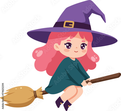 Cute kawaii witch flying on broomstick festive halloween character design isolated on transparent background