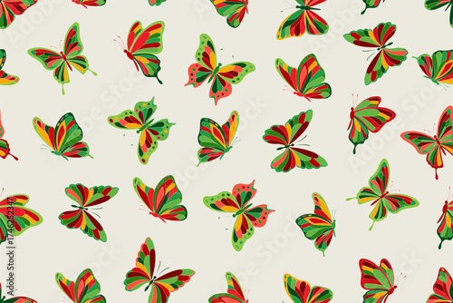 Seamless pattern of colorful butterflies with red, green, and yellow wings on a light beige background, creating a lively and vibrant decorative design.