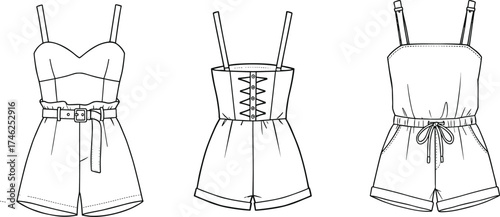 Flat vector CAD drawing of stylish women's romper set with belt, drawstring, straps, back lace detail, and summer fashion design