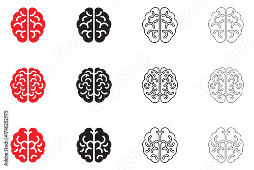human brain vector icon set, left and right hemisphere brain diagram vector, silhouette and line art