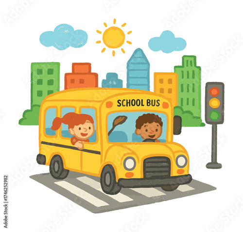 Vector Happy children on yellow school bus in cityscape with traffic light and sun