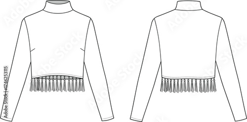 Flat vector fashion sketch of long sleeve top with tassel fringe, mock neck, detailed hemline, CAD template, front and back