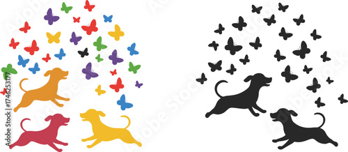 Colorful dogs chasing butterflies, silhouette comparison vector, playful pet illustration, vibrant and black design, animal motion art, outdoor fun concept