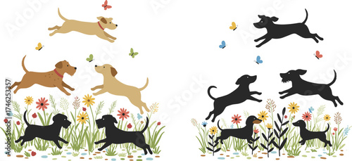 Happy dogs playing and jumping in flower field with butterflies, cute animal illustration showing nature, joy, and outdoor springtime fun.