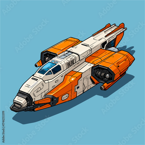 Detailed vector illustration of an orange and white science fiction spaceship. Isometric view. High-tech mechanical elements, comic book style, and thick outlines on a solid blue background