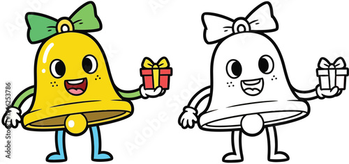 Cute Cartoon Christmas Bell Character Holding a Gift - Festive Holiday Illustration