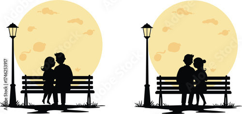 Romantic couple silhouette under moonlight on bench, dreamy night scene with street lamps, love, companionship, peaceful atmosphere, vector illustration