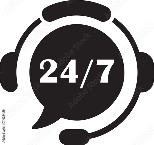 24/7 Customer Support Service Icon Black Vector Logo for Continuous Call Center Helpline and Global Assistance