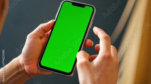 A person holds a smartphone with a green screen. The background is blurred, emphasizing the device. Ideal for technology or mobile app concepts.