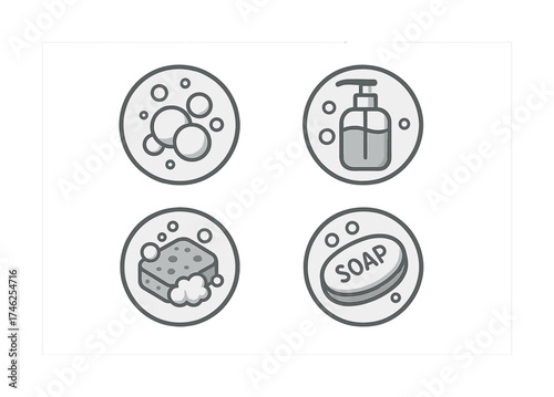 Vector Soap and hygiene icons: bubbles, dispenser, sponge, bar