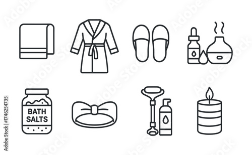Vector Spa essentials line icons: robe, towel, slippers, oils, bath salts, roller, candle