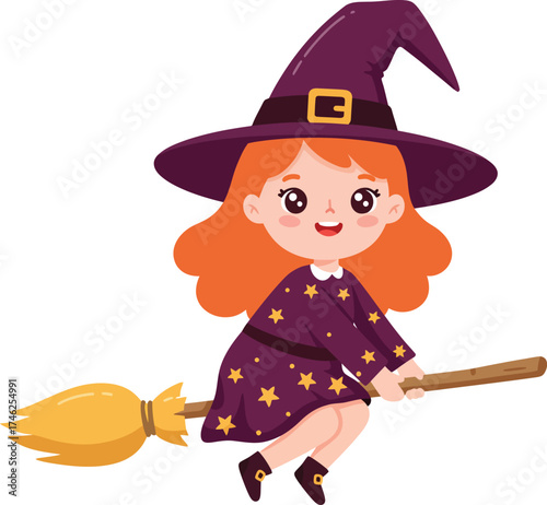 Cute cartoon witch on broomstick flying high animated halloween character fun festive design isolated on transparent background