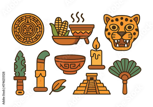 Vector Aztec symbols and artifacts: calendar, corn, jaguar, temple, candle