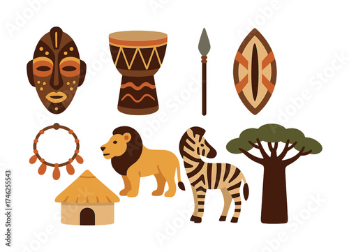 Vector Traditional african symbols: mask, drum, spear, shield, lion, zebra, tree, hut
