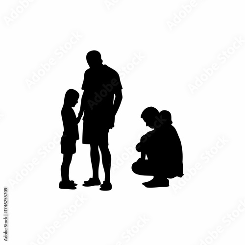 Social worker visiting family silhouette isolated on white background