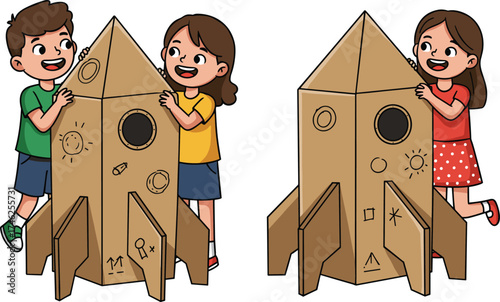 Children, cardboard rocket, DIY play, teamwork, imagination, space theme, classroom activity, creative kids, STEM learning, fun, craft, astronau