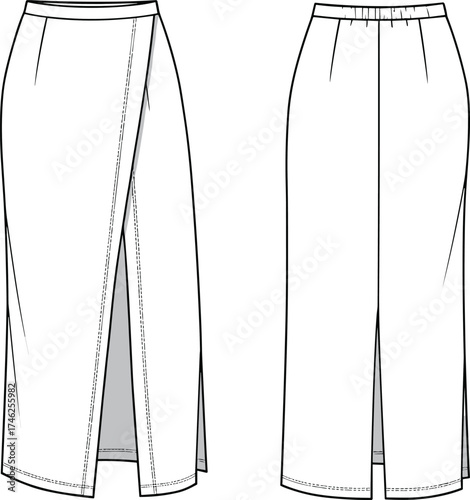 Flat vector illustration of women's long wrap skirt with front slit, technical fashion CAD drawing, front and back design views