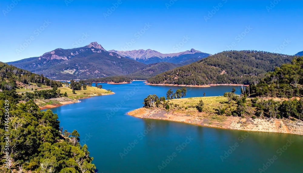 Naklejka premium Majestic lake vista, verdant hills and mountains under a clear sky