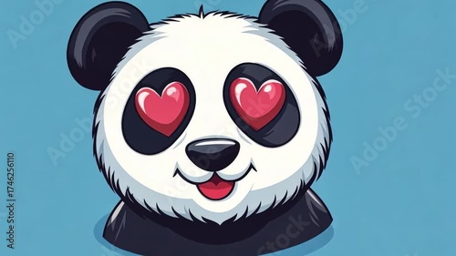 A cartoon panda with heart-shaped eyes and a playful expression. The background is a solid blue color, enhancing the panda's features.