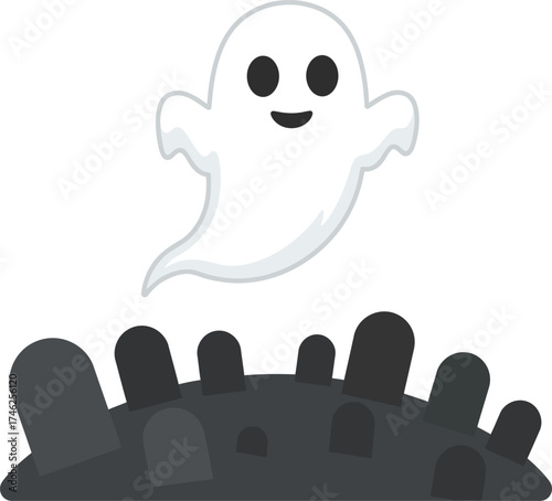 Cute cartoon ghost levitating above spooky graveyard tombstones for halloween fun isolated on transparent background