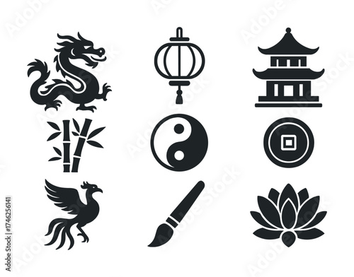 Vector Traditional asian symbols: dragon, lantern, pagoda, yin yang, phoenix, bamboo, lotus, brush