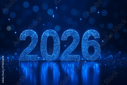Sparkling Blue 2026 New Year Numbers on Reflective Surface with Glowing Lights and Bokeh Background Isolated on White P N G Download for Social Media Advertisement Banner