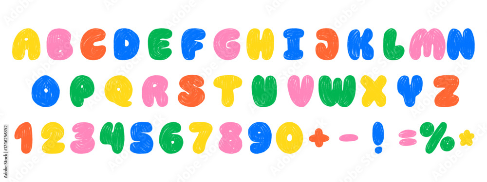 Colorful crayon alphabet and numbers. Hand drawn playful kids font with chalk and pencil texture.