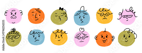 Crayon style emoji faces collection. Cute hand drawn doodle emoticons with happy, sad, surprised, and funny expressions. Vector cartoon icons set