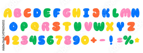 Colorful crayon alphabet and numbers. Hand drawn playful kids font with chalk and pencil texture.