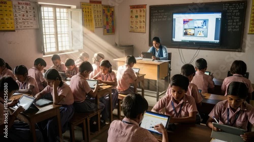 Students in classroom using tablets, teacher teaching with interactive whiteboard video Generative AI
