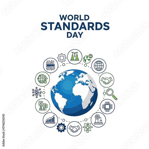 World standards day globe with icons representing global standards and innovation