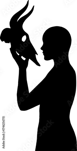 Silhouette of human holding animal skull mask - occult horror vector with white background 