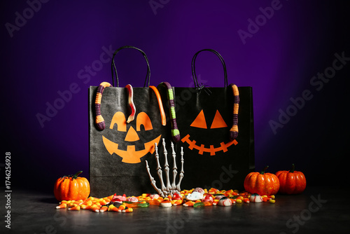 Paper bags, skeleton hand, ...