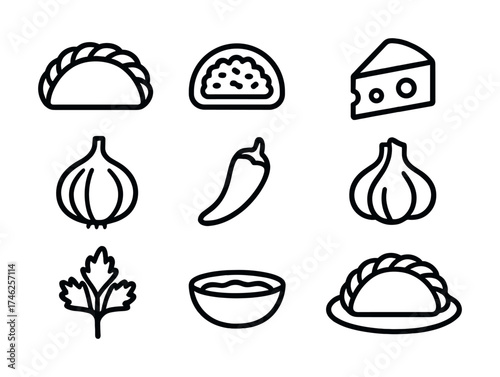 Vector Black and white food icons featuring empanada cheese garlic pepper herbs