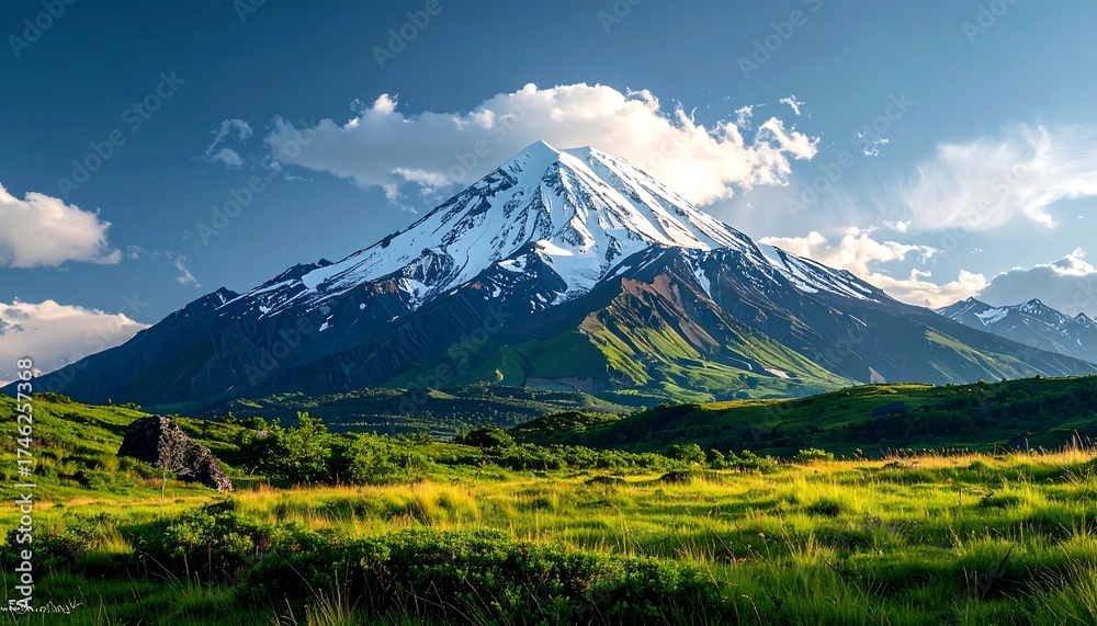 Fototapeta premium Majestic snow-capped mountain and green valley landscape