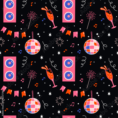 New Year's Eve party seamless vector pattern design with cartoon groovy retro 90s illustration of music rave, carnival, festival, cocktail, fireworks, disco ball, birthday celebration	