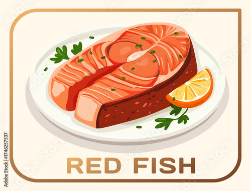 Red fish piece on a plate vector illustration. Cartoon salmon food icon with dishware and garnish. Food preparation and presentation. Cuisine, dishware, and garnishing elements 