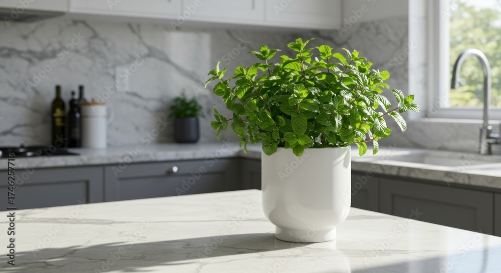 Fototapeta premium Potted mint plant on a marble countertop with kitchen in background