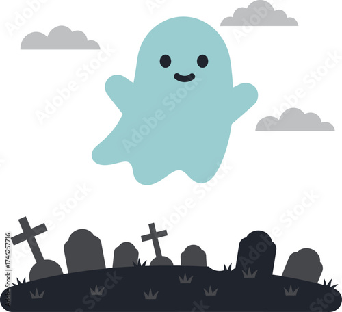 Cute friendly ghost floating over spooky graveyard with clouds halloween celebration isolated on transparent background