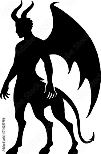 Silhouette of human with dragon wings and demon horns vector with white background 