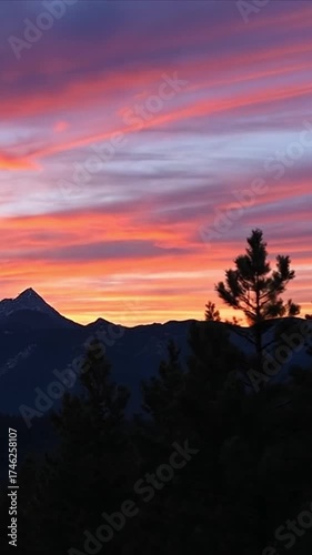 A vibrant sunset over a mountain range, with colorful clouds and silhouettes of pine trees in the foreground.