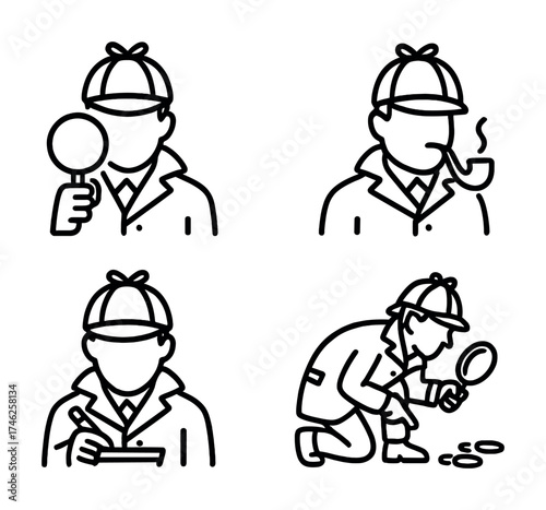 Vector Detective icon set: magnifying glass, pipe, notebook, investigation
