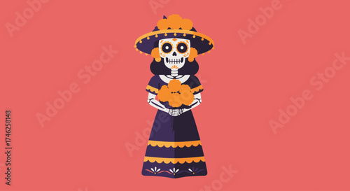 An elegant Calavera Catrina, adorned in traditional attire and holding marigolds, is presented in this charming flat design illustration.