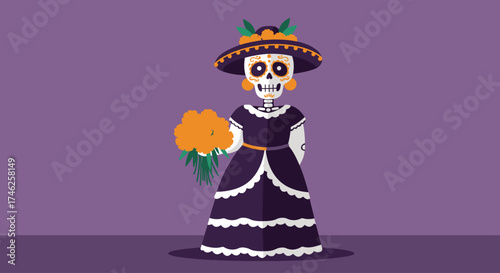 An elegant Calavera Catrina, adorned in traditional attire and holding marigolds, is presented in this charming flat design illustration.