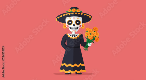 An elegant Calavera Catrina, adorned in traditional attire and holding marigolds, is presented in this charming flat design illustration.