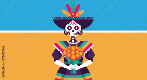 An elegant Calavera Catrina, adorned in traditional attire and holding marigolds, is presented in this charming flat design illustration.