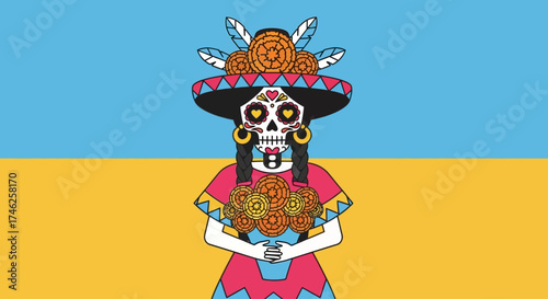 An elegant Calavera Catrina, adorned in traditional attire and holding marigolds, is presented in this charming flat design illustration.