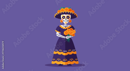 An elegant Calavera Catrina, adorned in traditional attire and holding marigolds, is presented in this charming flat design illustration.