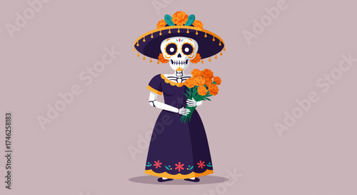 An elegant Calavera Catrina, adorned in traditional attire and holding marigolds, is presented in this charming flat design illustration.
