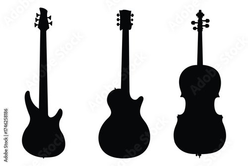 A set of guitar and string instrument silhouettes including electric guitar, bass, and violin. Perfect vector for music themes, posters, t-shirts, and logo projects.